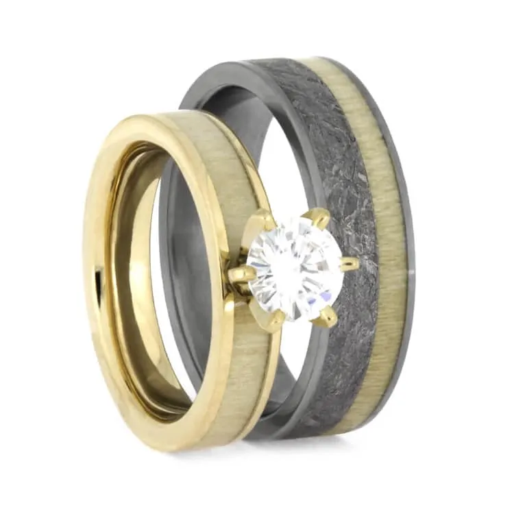 Aspen Wood Wedding Ring Set, Yellow Gold Moissanite Engagement with Meteorite Wedding Band