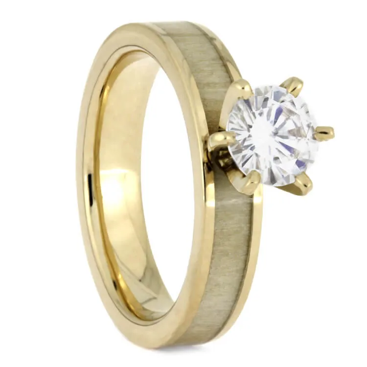Aspen Wood Wedding Ring Set, Yellow Gold Moissanite Engagement with Meteorite Wedding Band