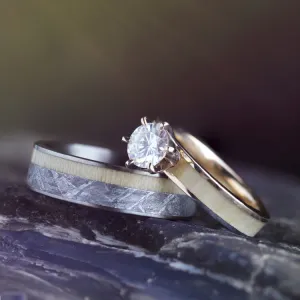 Aspen Wood Wedding Ring Set, Yellow Gold Moissanite Engagement with Meteorite Wedding Band