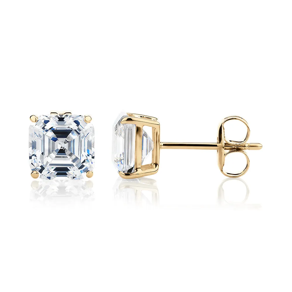 Asscher stud earrings with 3 carats* of diamond simulants in 10 carat yellow gold