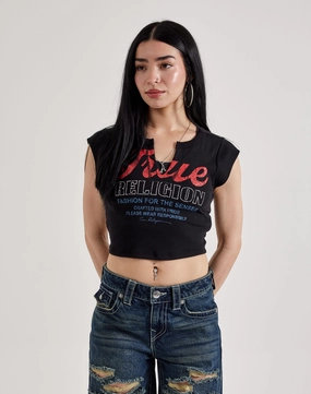 Athleisure fashion True Religion Retro Logo V-Notch Tee Fashion collections