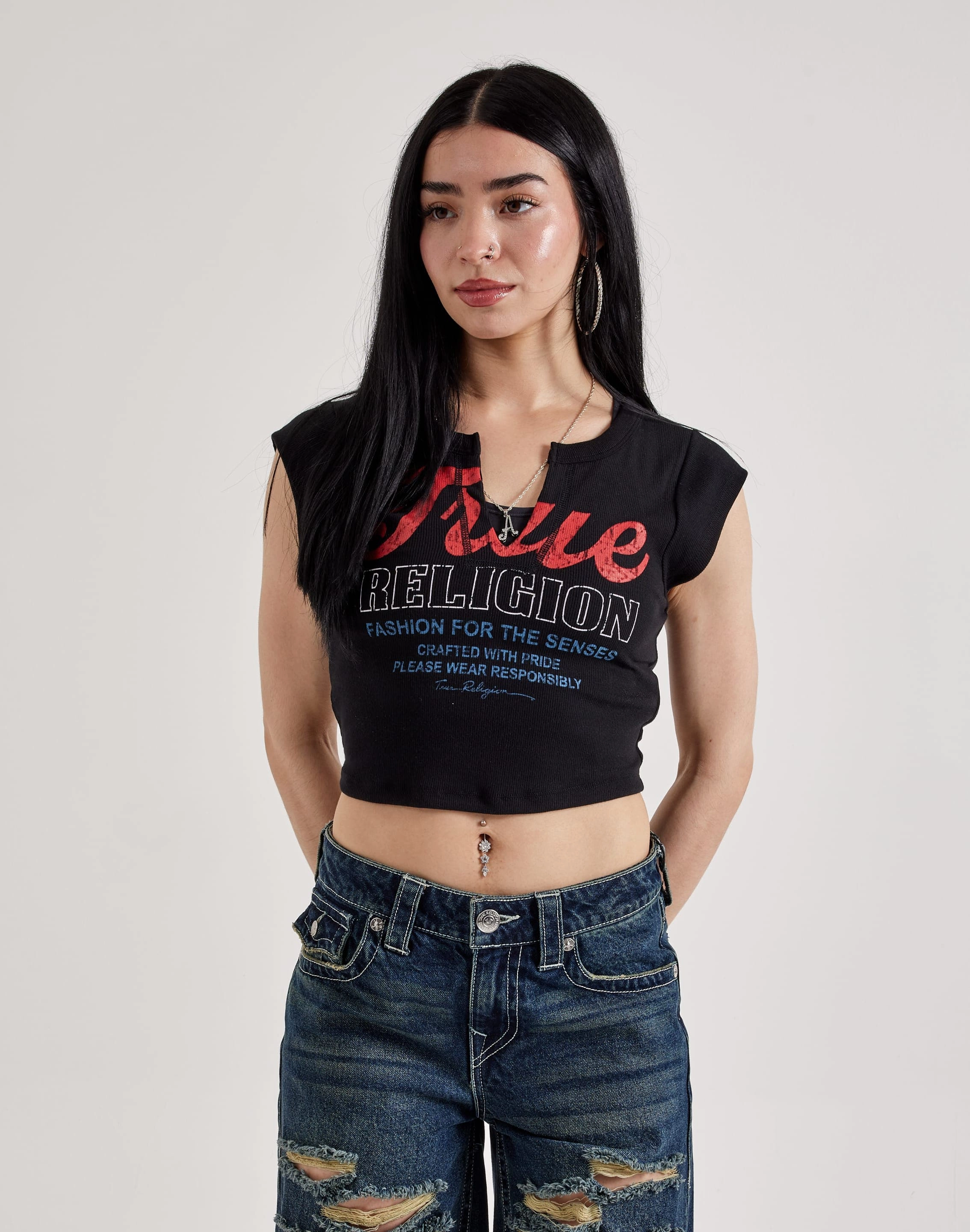 Athleisure fashion True Religion Retro Logo V-Notch Tee Fashion collections