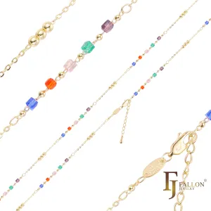 Beads and colorful cubes link anklet plated in 14K Gold, Rose Gold