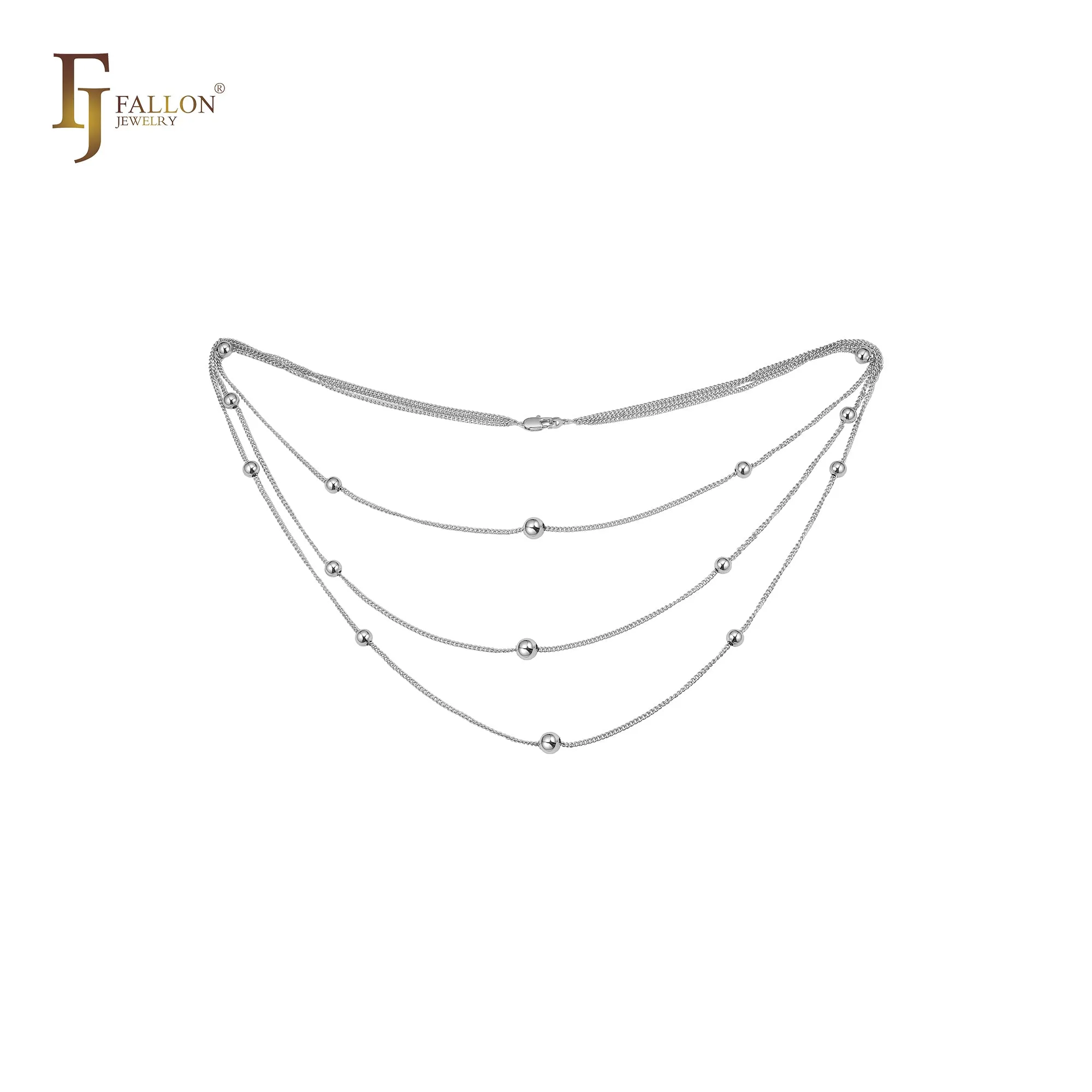 Beads long necklace plated in White Gold, 14K Gold, Rose Gold, two tone, three tone