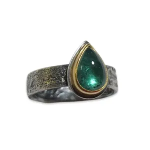 Bi-Colored Aqua Green Cabochon Pear Shape Tourmaline Ring