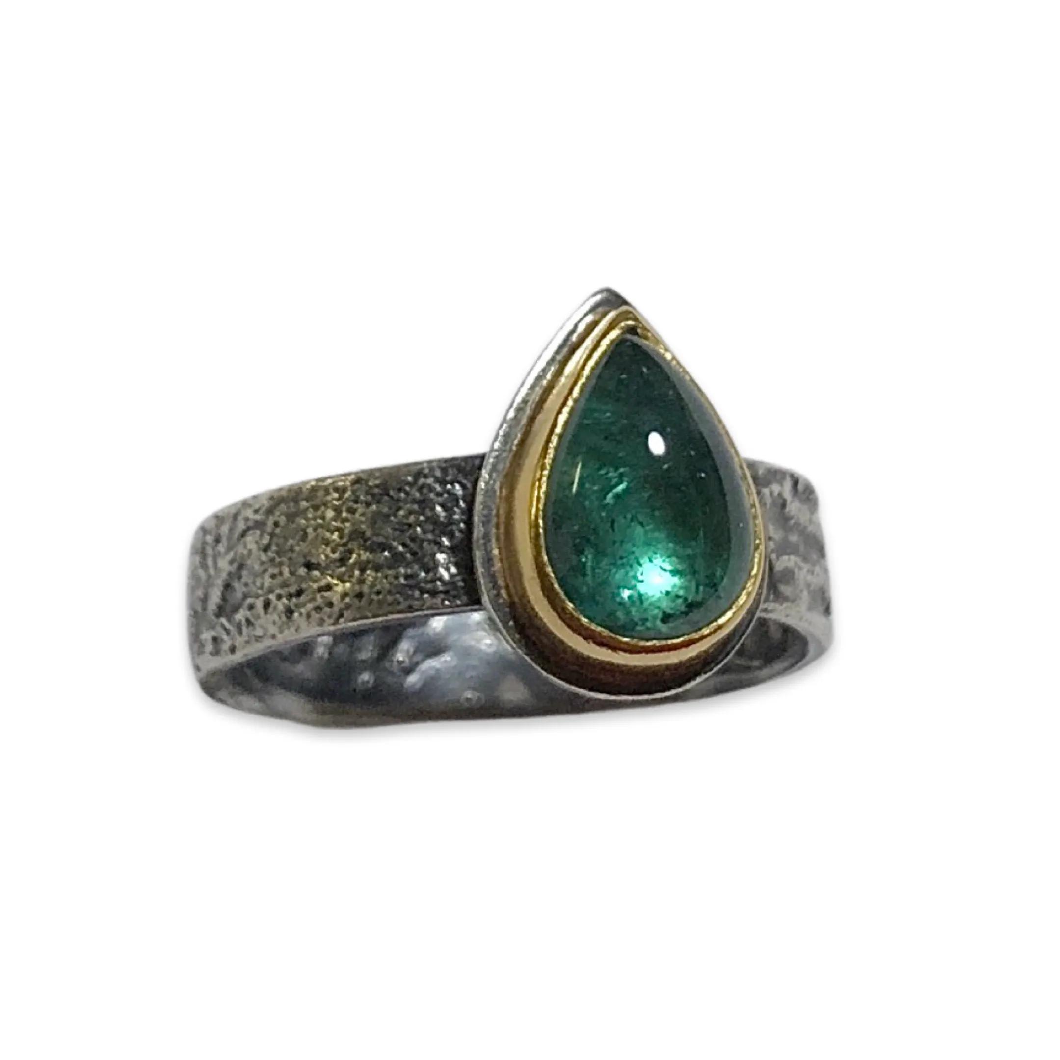 Bi-Colored Aqua Green Cabochon Pear Shape Tourmaline Ring