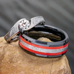 Black & Red Ring Set With Diamond Engagement Ring