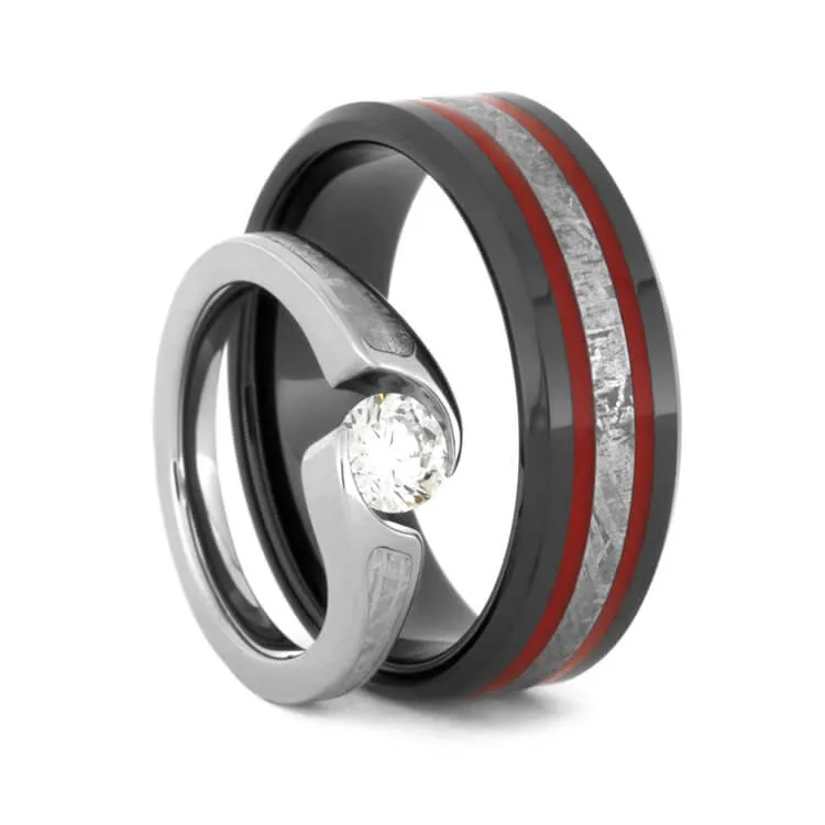 Black & Red Ring Set With Diamond Engagement Ring