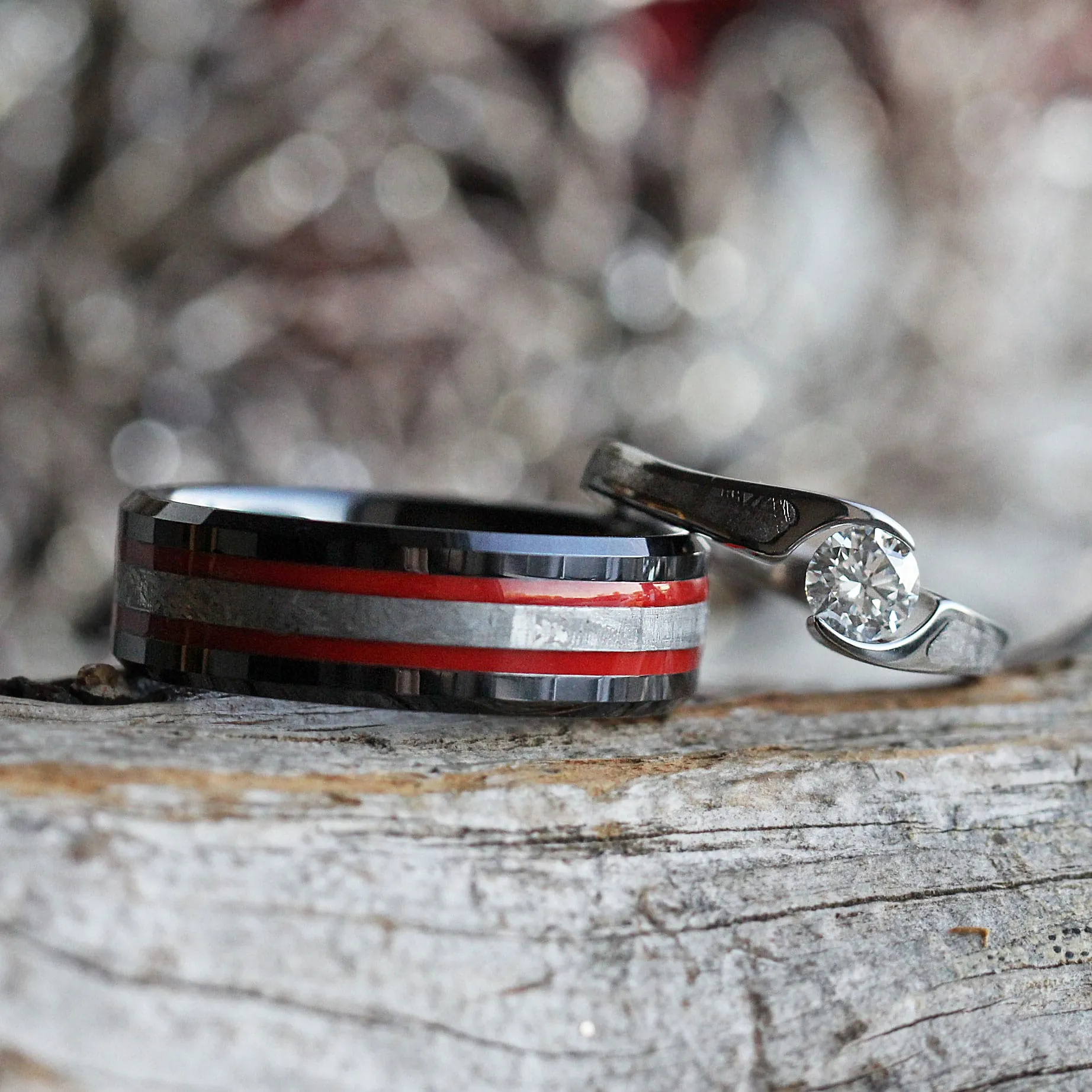 Black & Red Ring Set With Diamond Engagement Ring