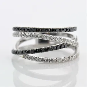 Black and White Diamonds Wide Ring 14K White Gold Crisscross Band