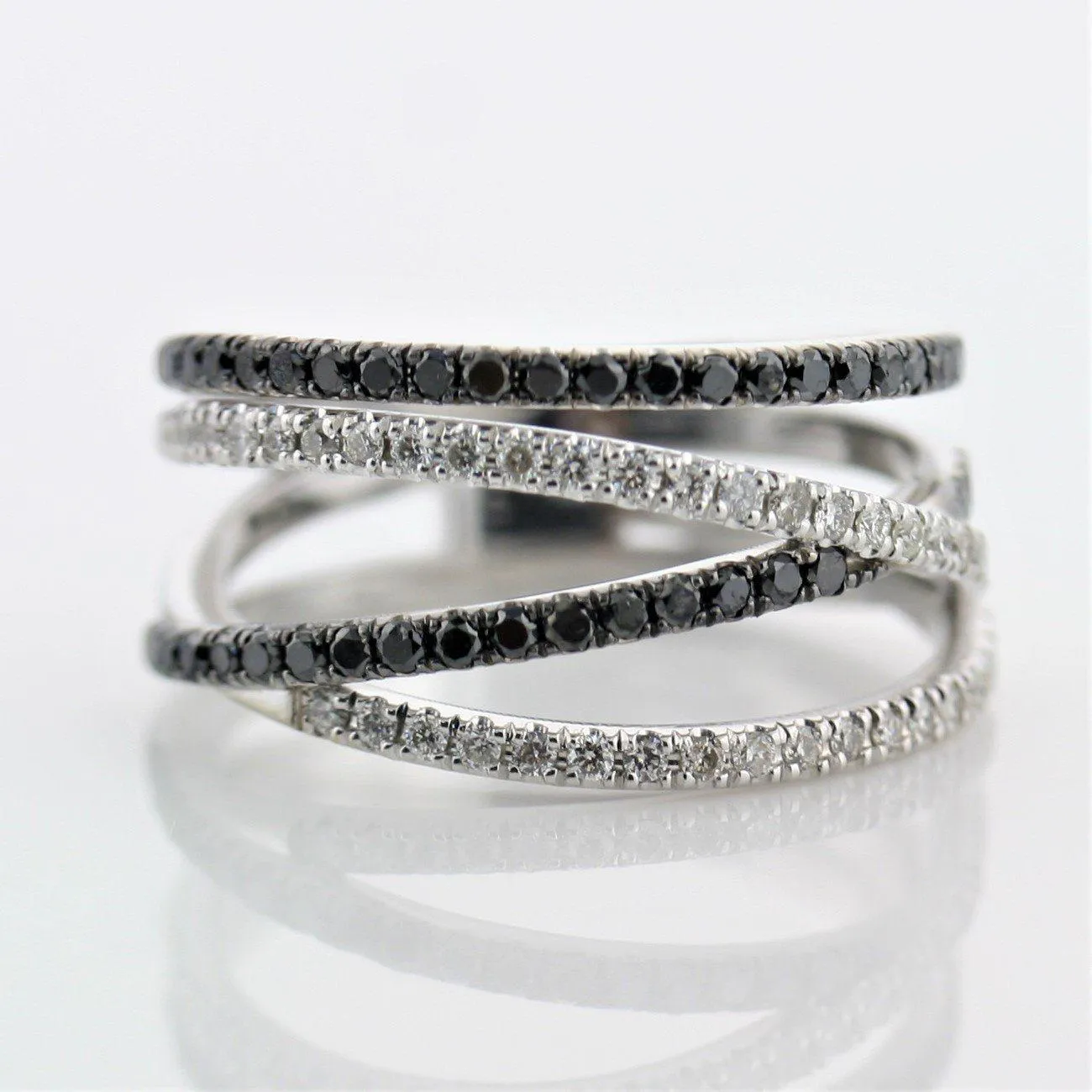 Black and White Diamonds Wide Ring 14K White Gold Crisscross Band