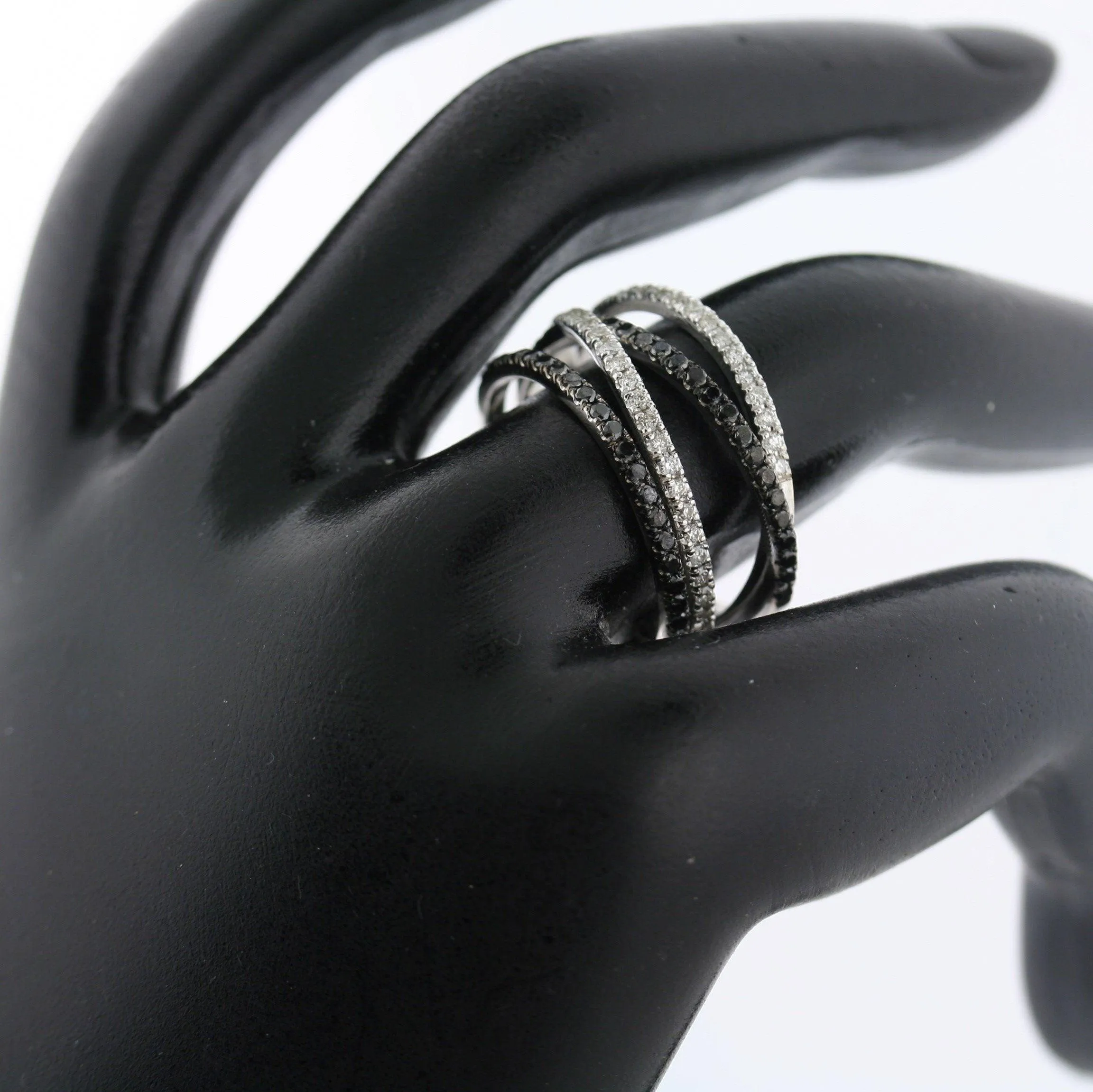 Black and White Diamonds Wide Ring 14K White Gold Crisscross Band