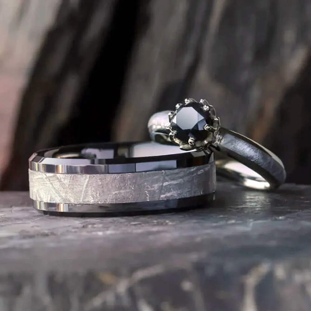 Black Diamond & Meteorite Wedding Ring Set