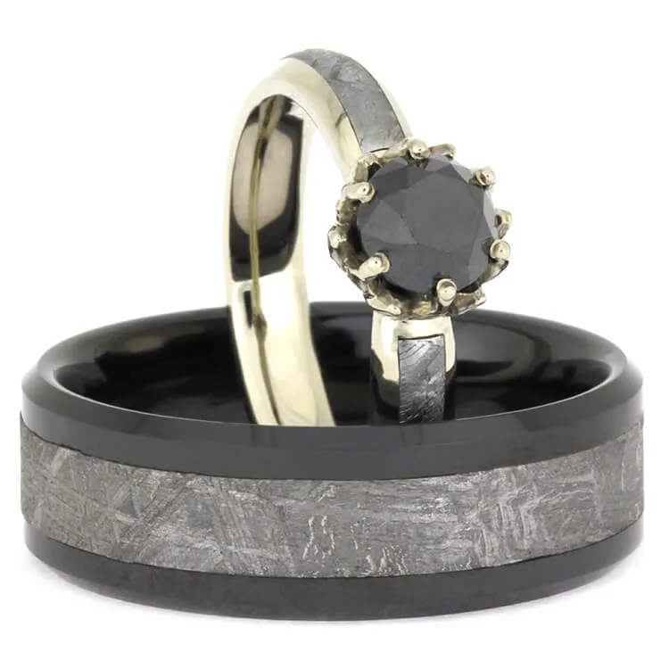 Black Diamond & Meteorite Wedding Ring Set