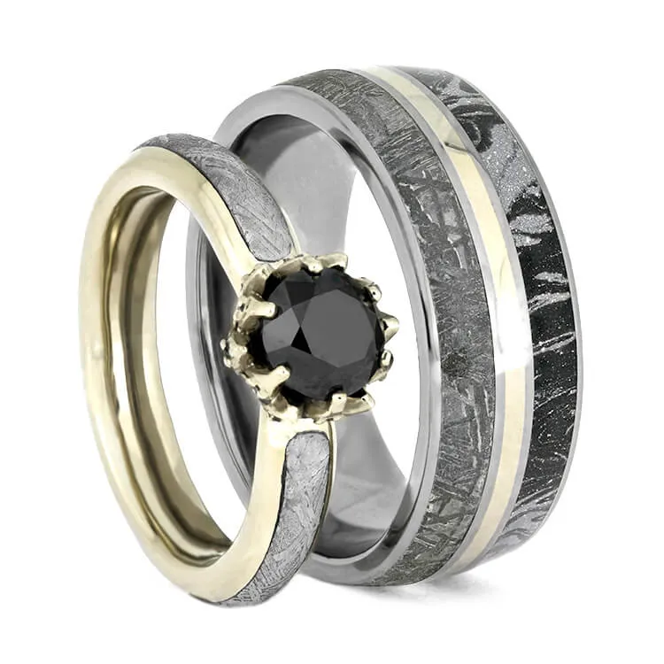 Black Diamond Ring Set, White Gold Wedding Rings With Meteorite