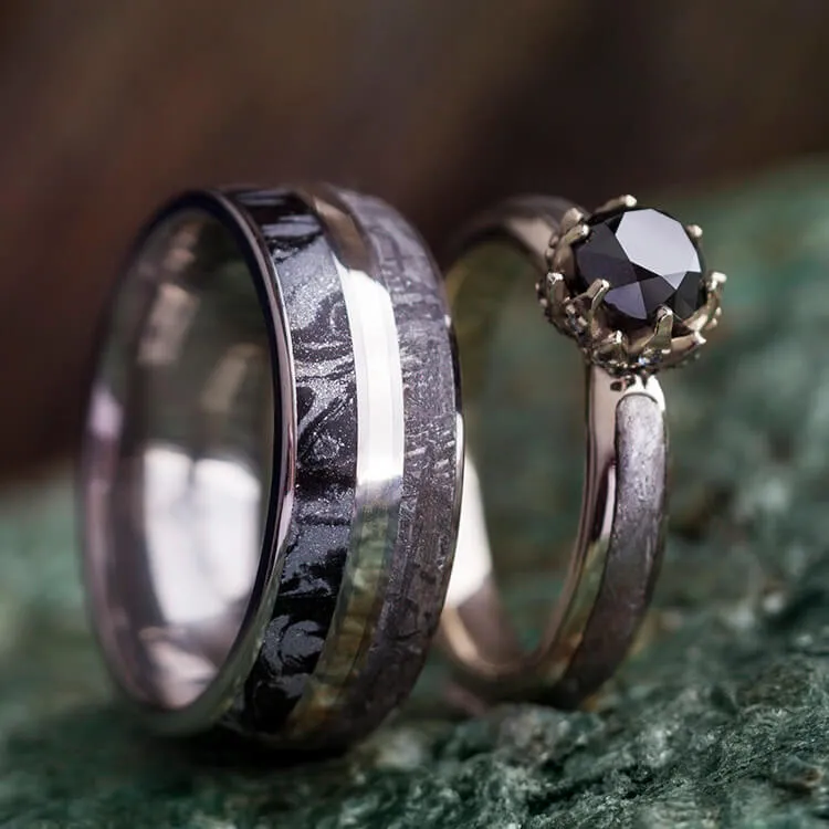 Black Diamond Ring Set, White Gold Wedding Rings With Meteorite