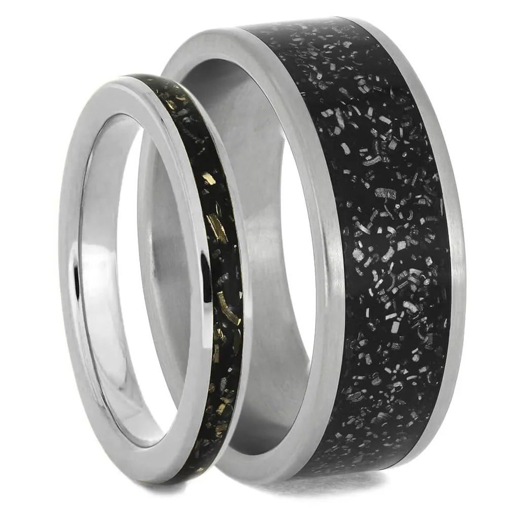 Black Stardust? Wedding Band Set, His And Hers Meteorite Rings