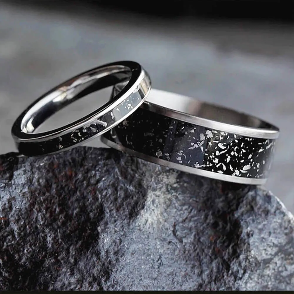 Black Stardust? Wedding Band Set, His And Hers Meteorite Rings