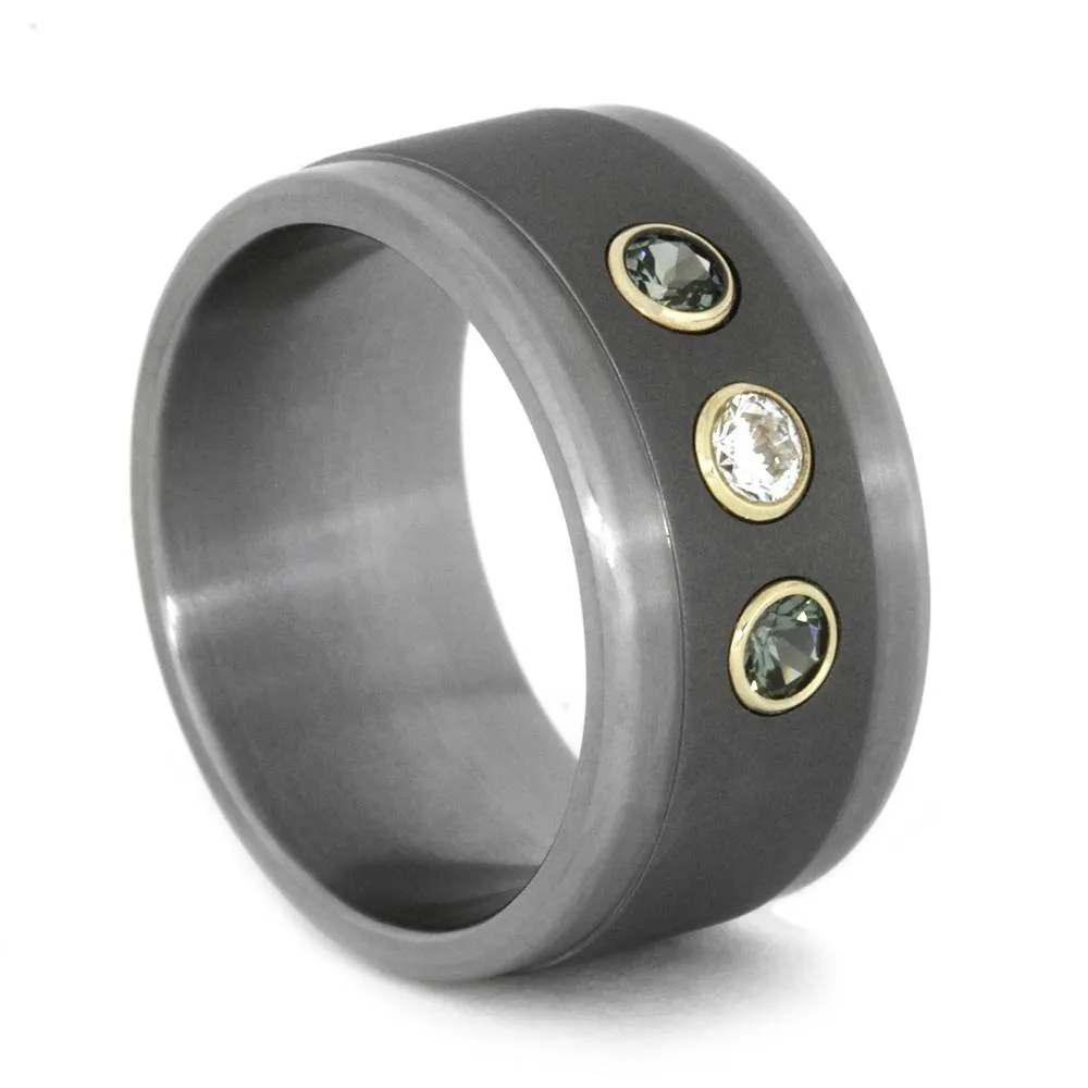 Blue Sapphire Wedding Ring Set, Meteorite Engagement Ring With Titanium Wedding Band