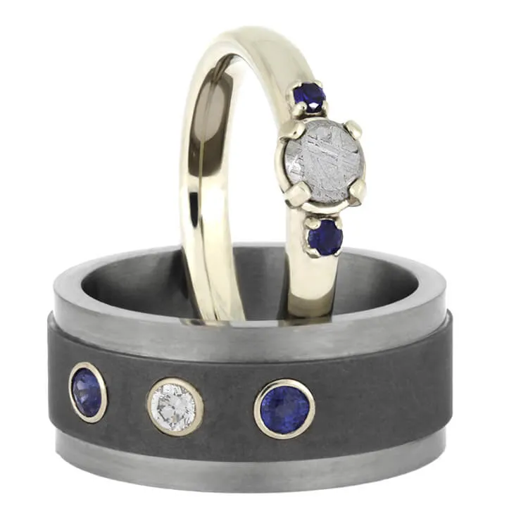 Blue Sapphire Wedding Ring Set, Meteorite Engagement Ring With Titanium Wedding Band