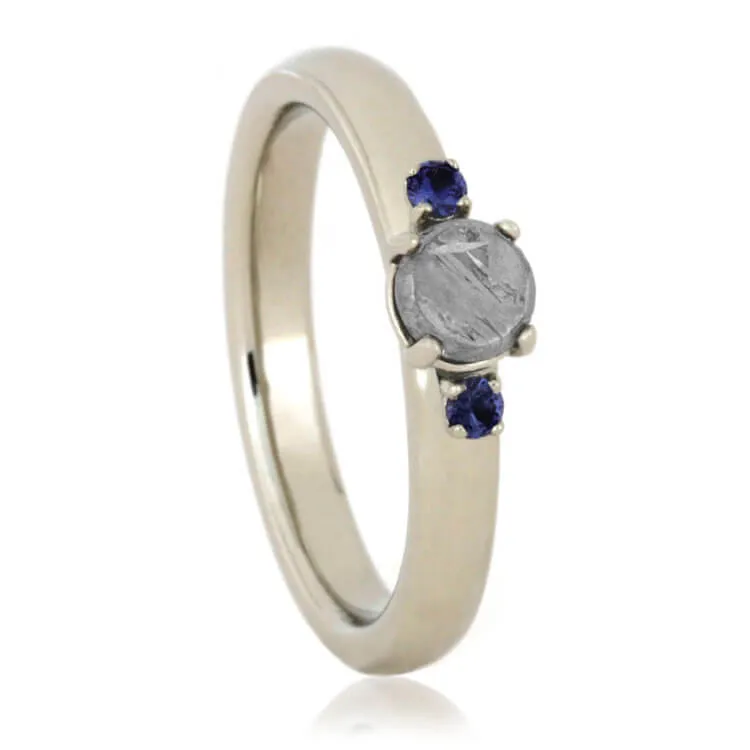 Blue Sapphire Wedding Ring Set, Meteorite Engagement Ring With Titanium Wedding Band