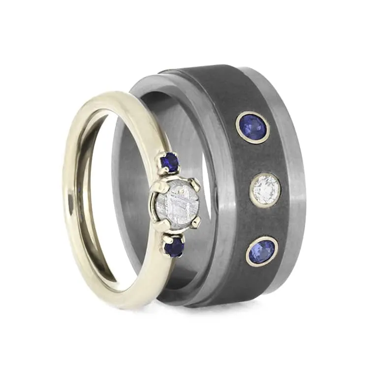 Blue Sapphire Wedding Ring Set, Meteorite Engagement Ring With Titanium Wedding Band