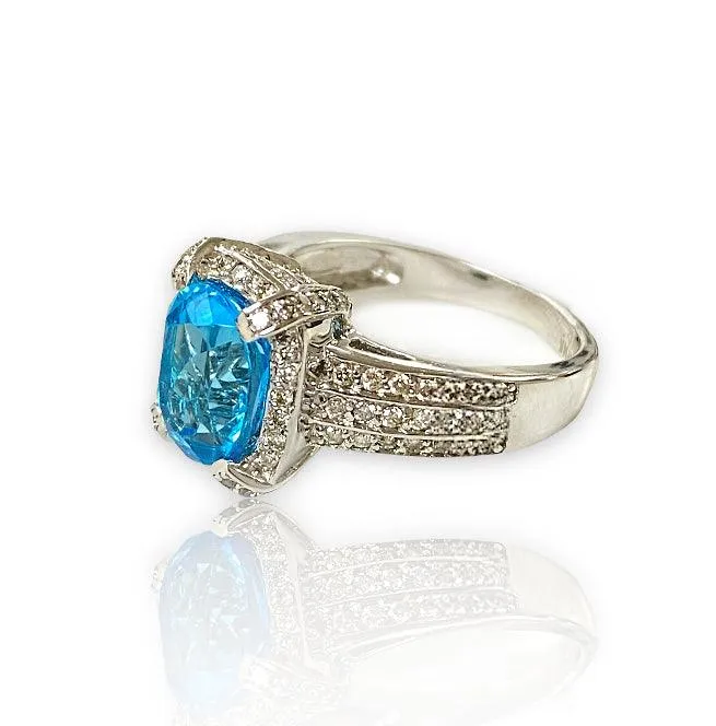 Blue Topaz Diamond Halo Ring