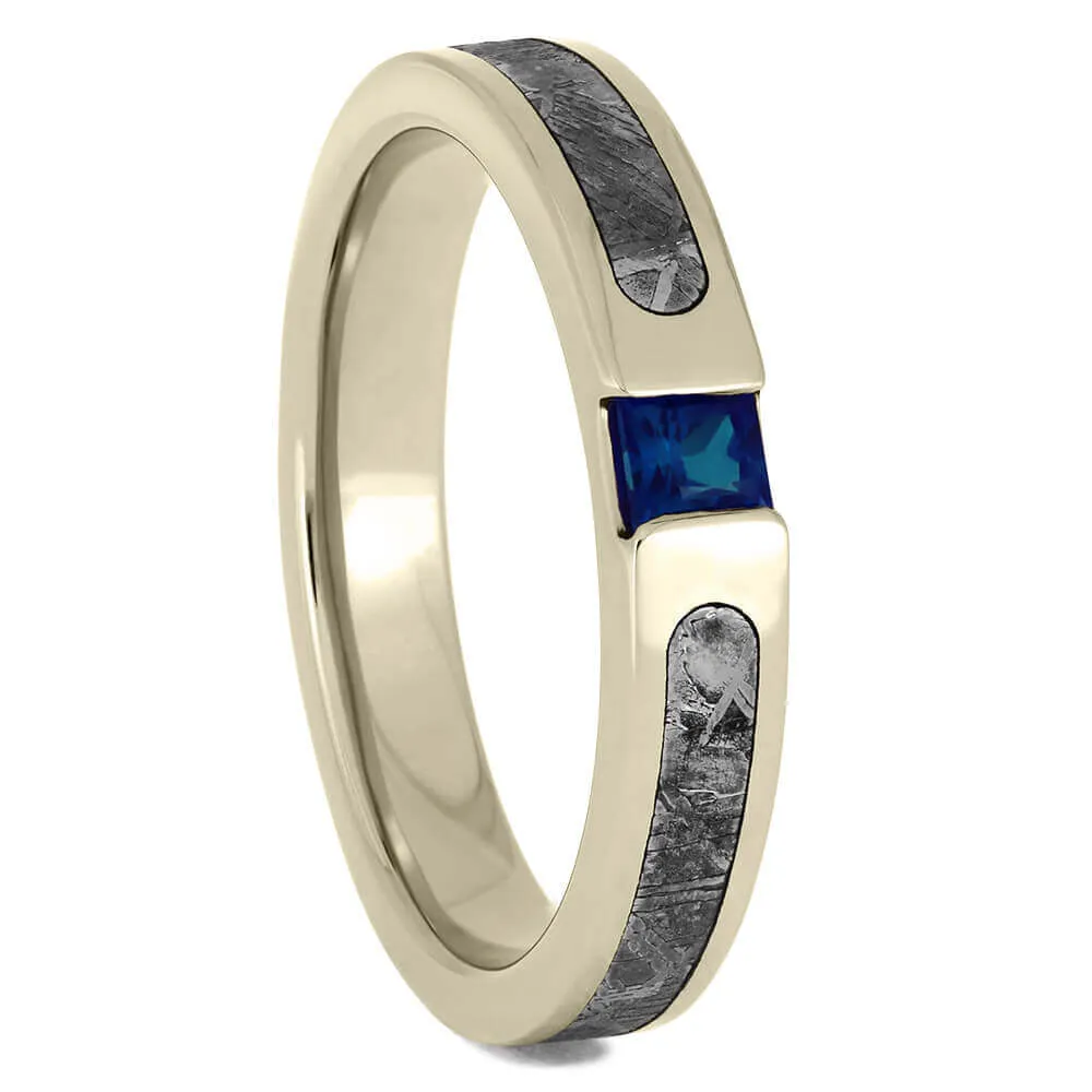 Blue Wedding Ring Set, Meteorite Rings with Blue Box Elder Burl Wood