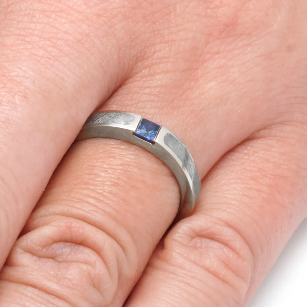 Blue Wedding Ring Set, Meteorite Rings with Blue Box Elder Burl Wood