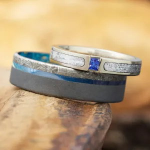 Blue Wedding Ring Set, Meteorite Rings with Blue Box Elder Burl Wood