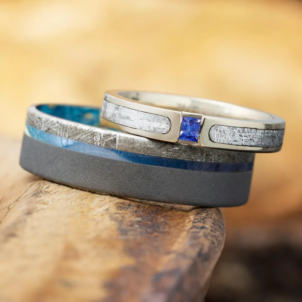 Blue Wedding Ring Set, Meteorite Rings with Blue Box Elder Burl Wood