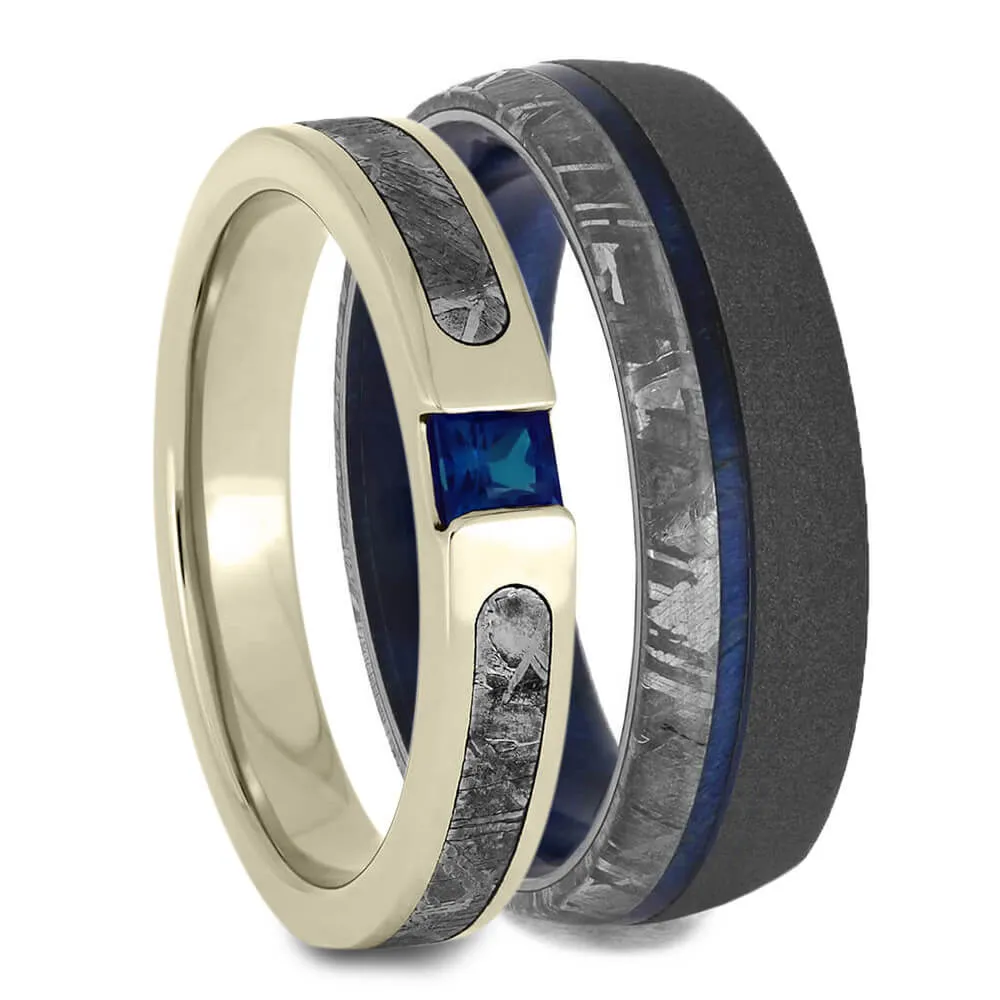 Blue Wedding Ring Set, Meteorite Rings with Blue Box Elder Burl Wood