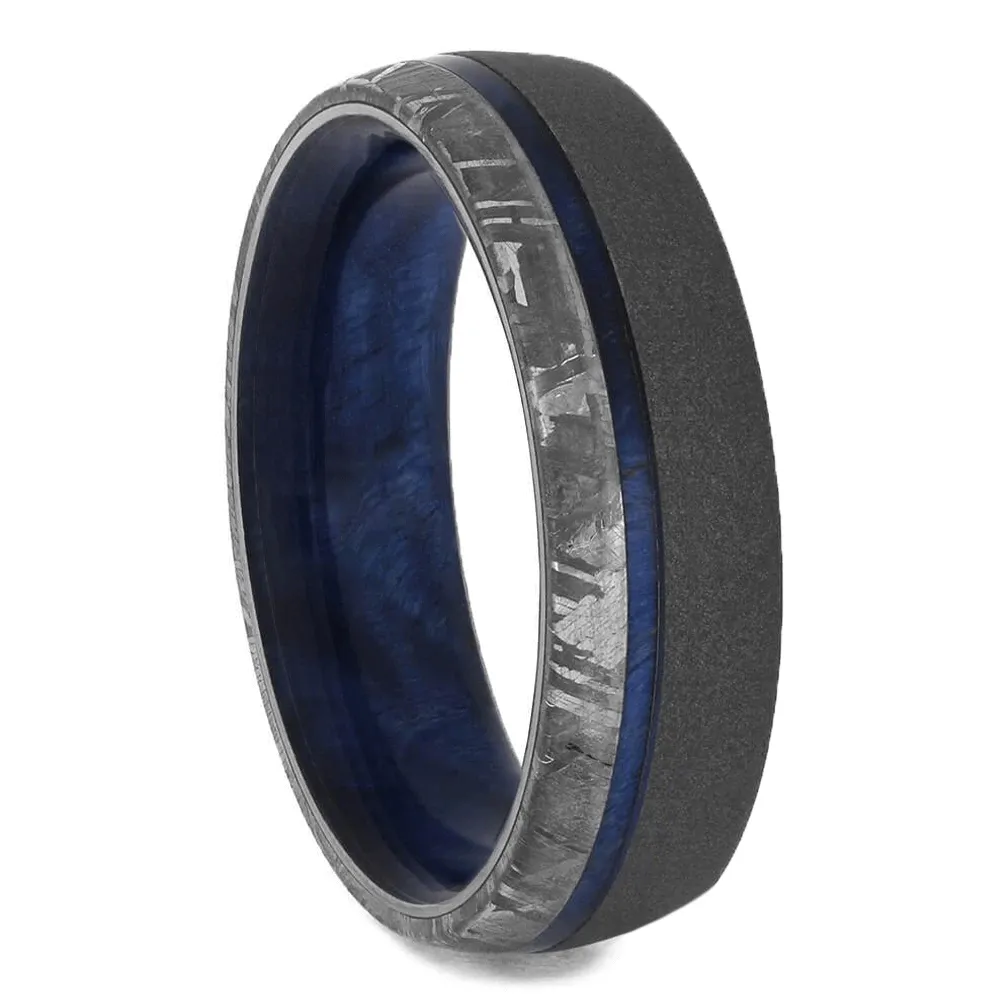 Blue Wedding Ring Set, Meteorite Rings with Blue Box Elder Burl Wood