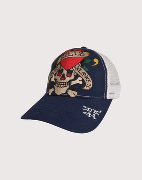Clothing prices Ed Hardy Embroidered Heart Skull Snapback Navy/White Hat Recycled fashion materials
