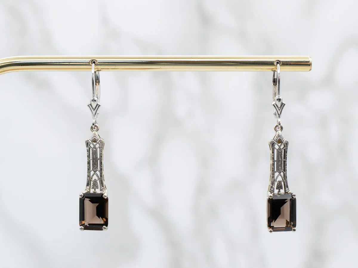 Deco Filigree Smoky Quartz Gemstone Earrings