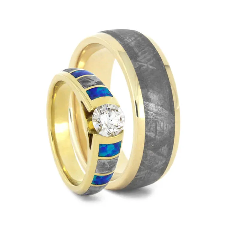 Diamond, Meteorite, and Opal Wedding Ring Set