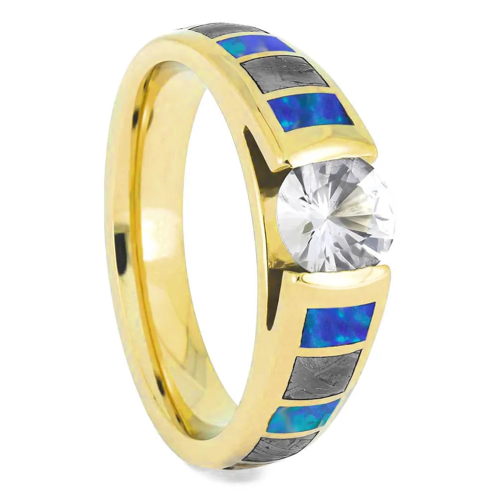 Diamond, Meteorite, and Opal Wedding Ring Set