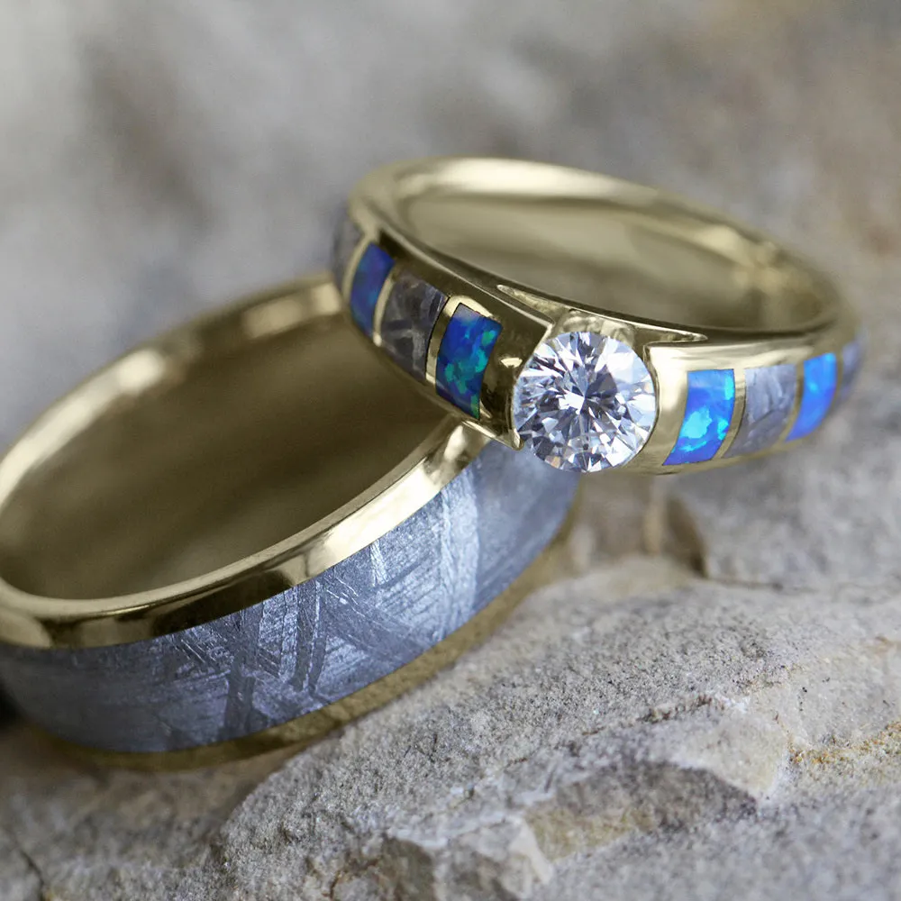 Diamond, Meteorite, and Opal Wedding Ring Set