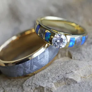 Diamond, Meteorite, and Opal Wedding Ring Set