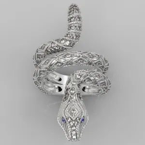 Diamond Sapphire Accents Snake Ring 14K White Gold