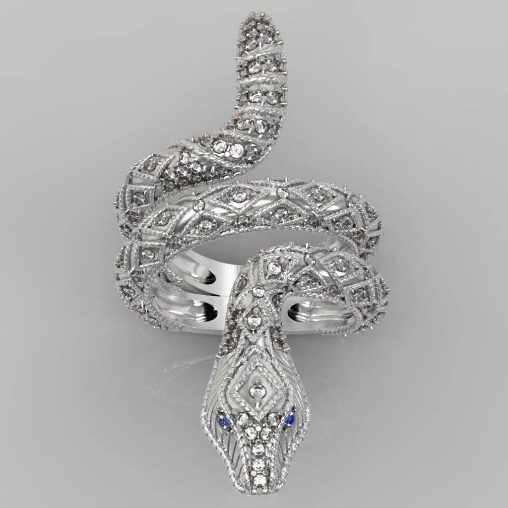 Diamond Sapphire Accents Snake Ring 14K White Gold