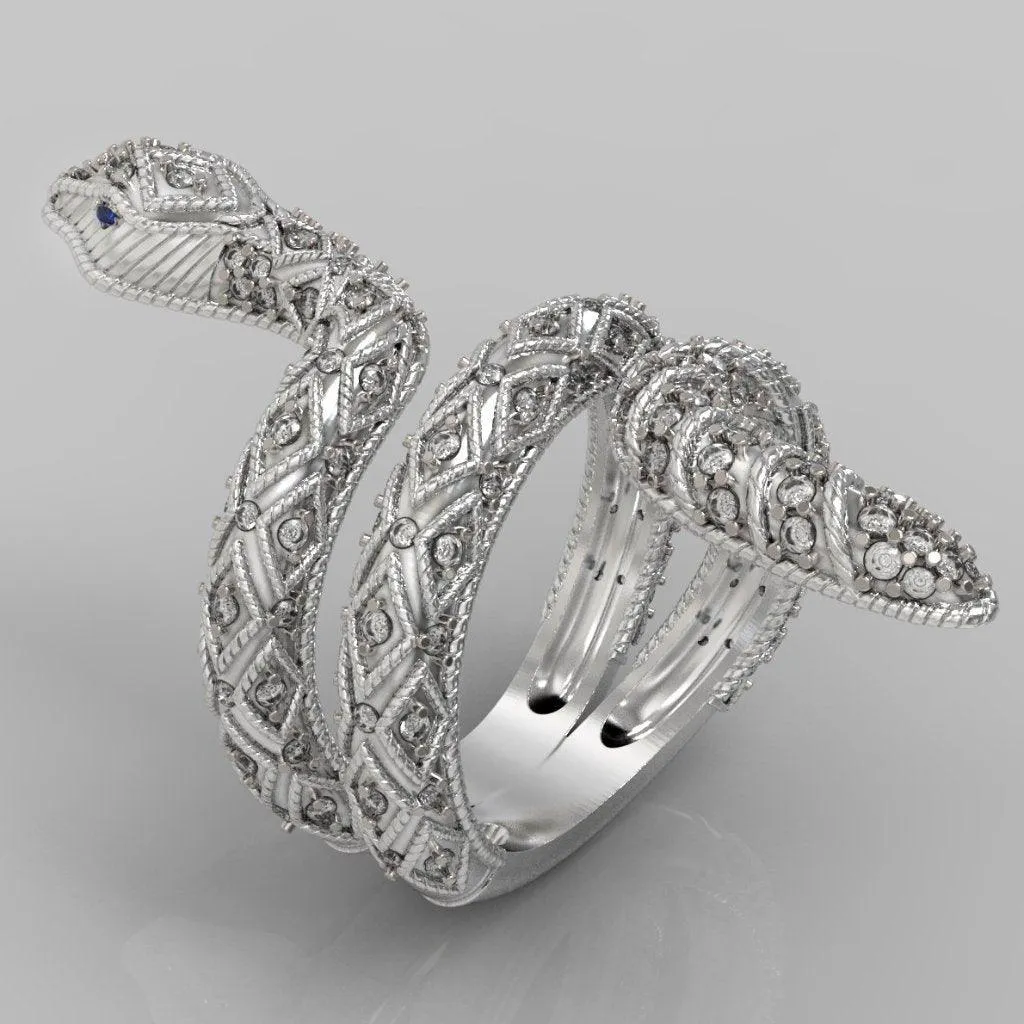 Diamond Sapphire Accents Snake Ring 14K White Gold