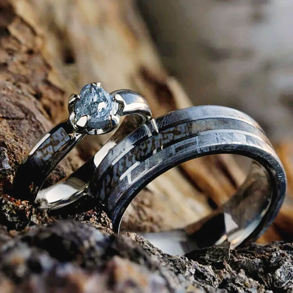 Dino Bone Wedding Ring Set With Rough Diamond Engagement Ring