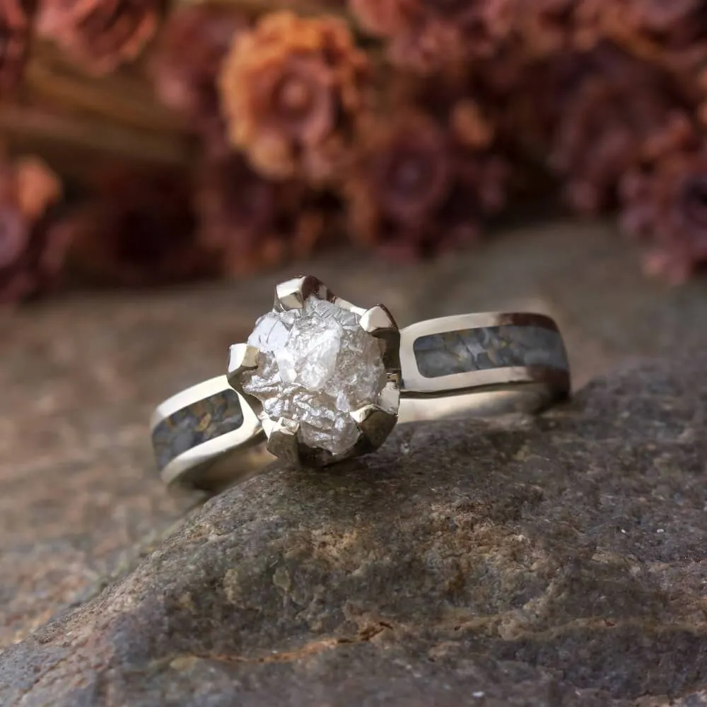 Dino Bone Wedding Ring Set With Rough Diamond Engagement Ring