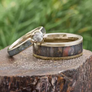 Dino Bone Wedding Ring Set With Rough Diamond Engagement Ring