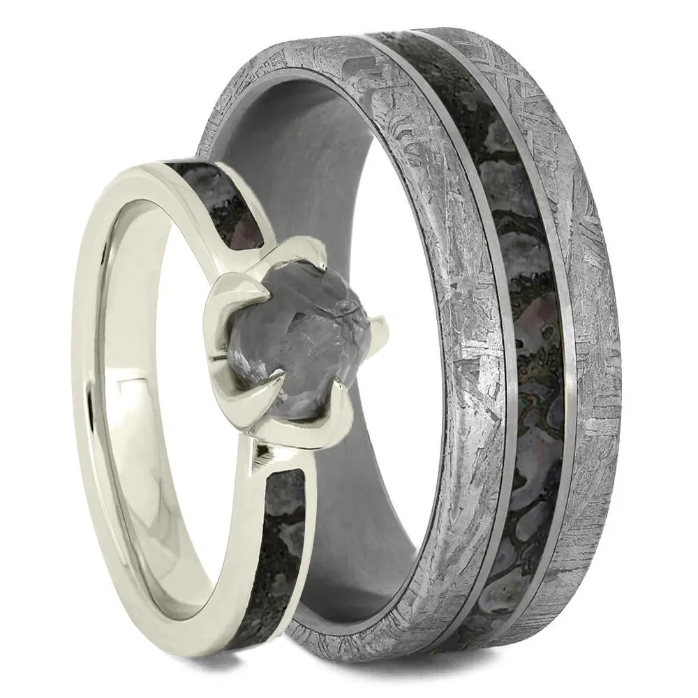 Dino Bone Wedding Ring Set With Rough Diamond Engagement Ring