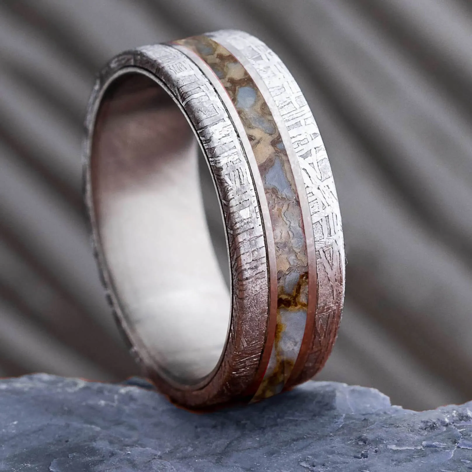 Dino Bone Wedding Ring Set With Rough Diamond Engagement Ring