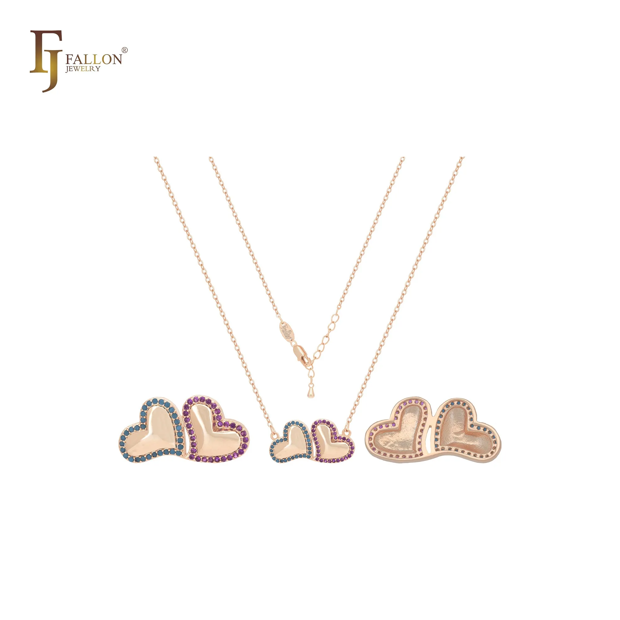Double heart of blue and pink colorful CZs 14K Gold, Rose Gold Necklace