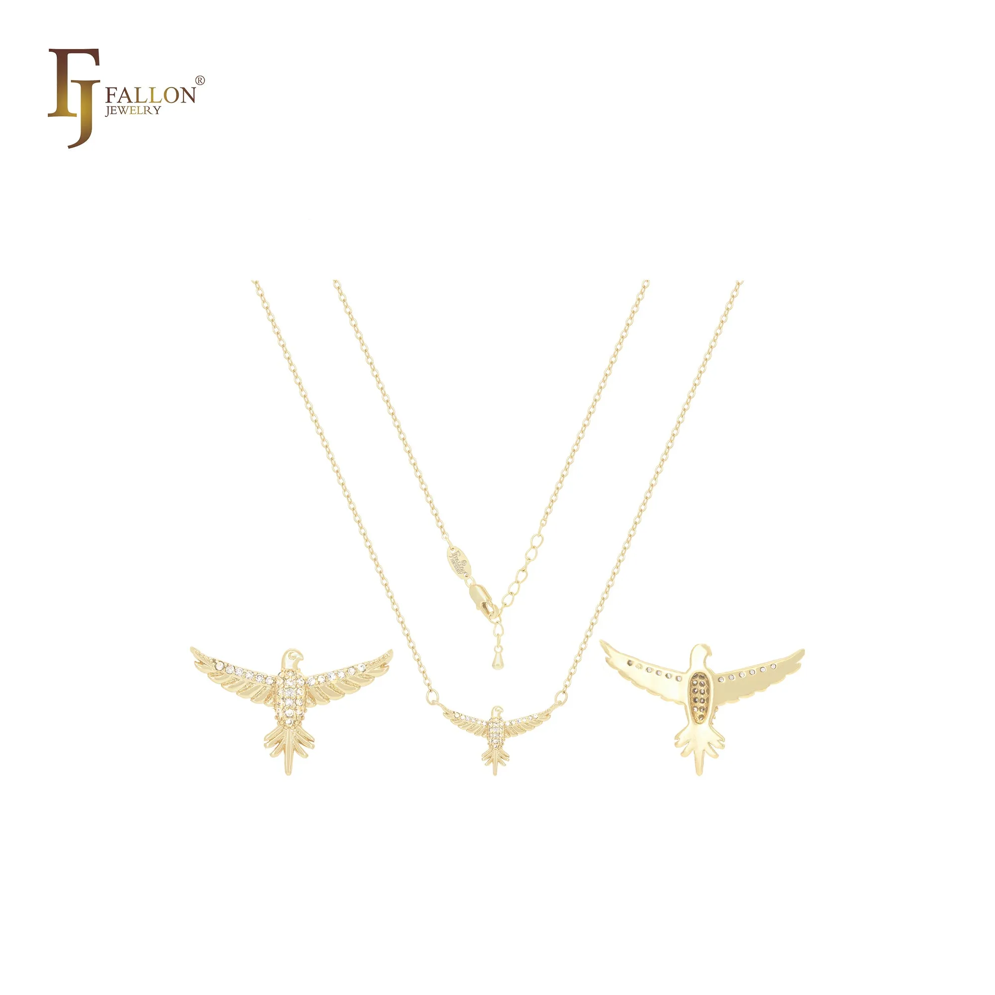 Eagle flying with white CZs 14K Gold, Rose Gold Necklace