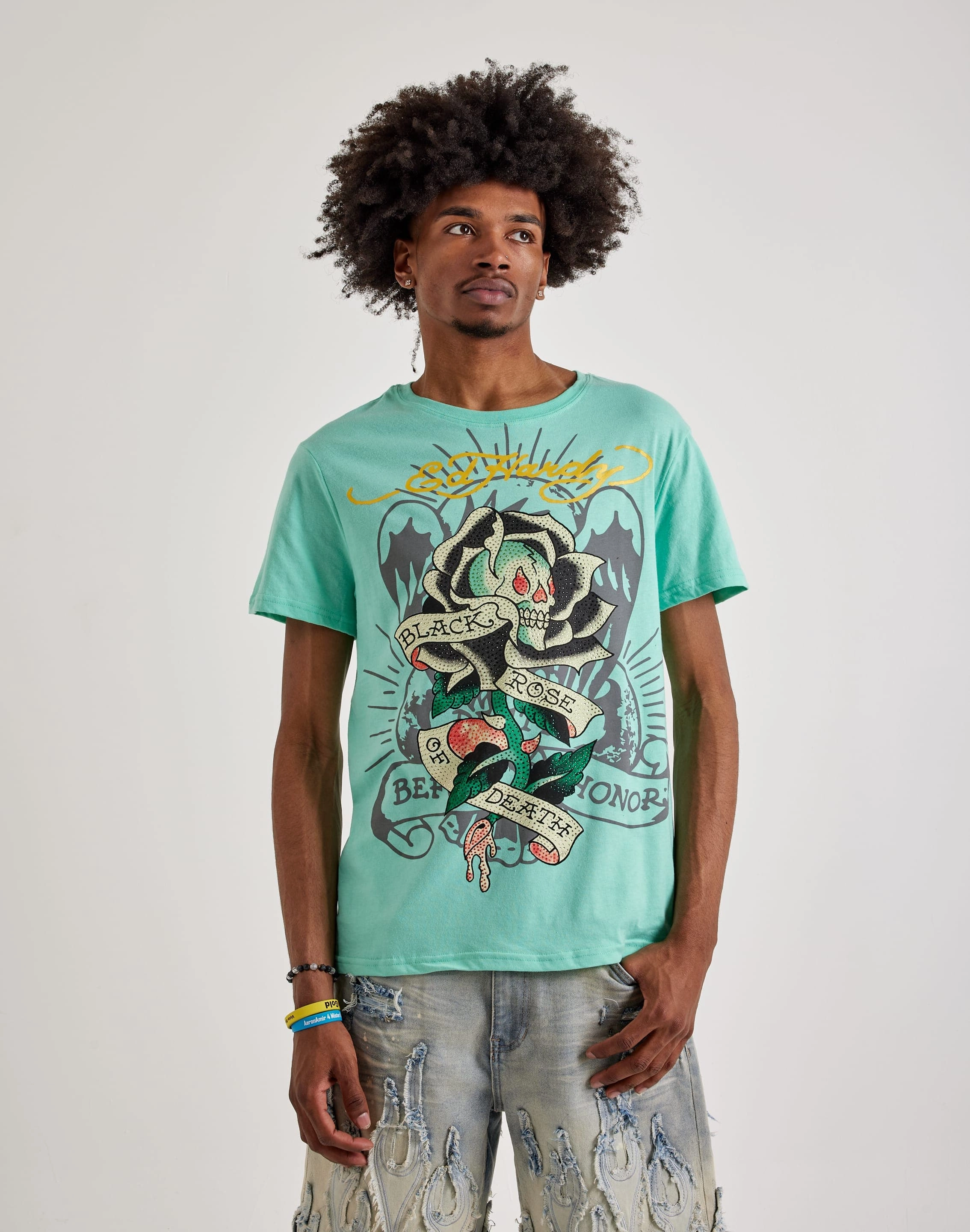 Ed Hardy  Black Rose Rhinestone Short Sleeve Tee Trendy gear Fashion catalog